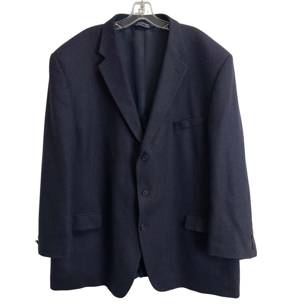 Vintage Stafford Mens 50R Navy Blue Herringbone Wool 3-Button Blazer Sport Coat
